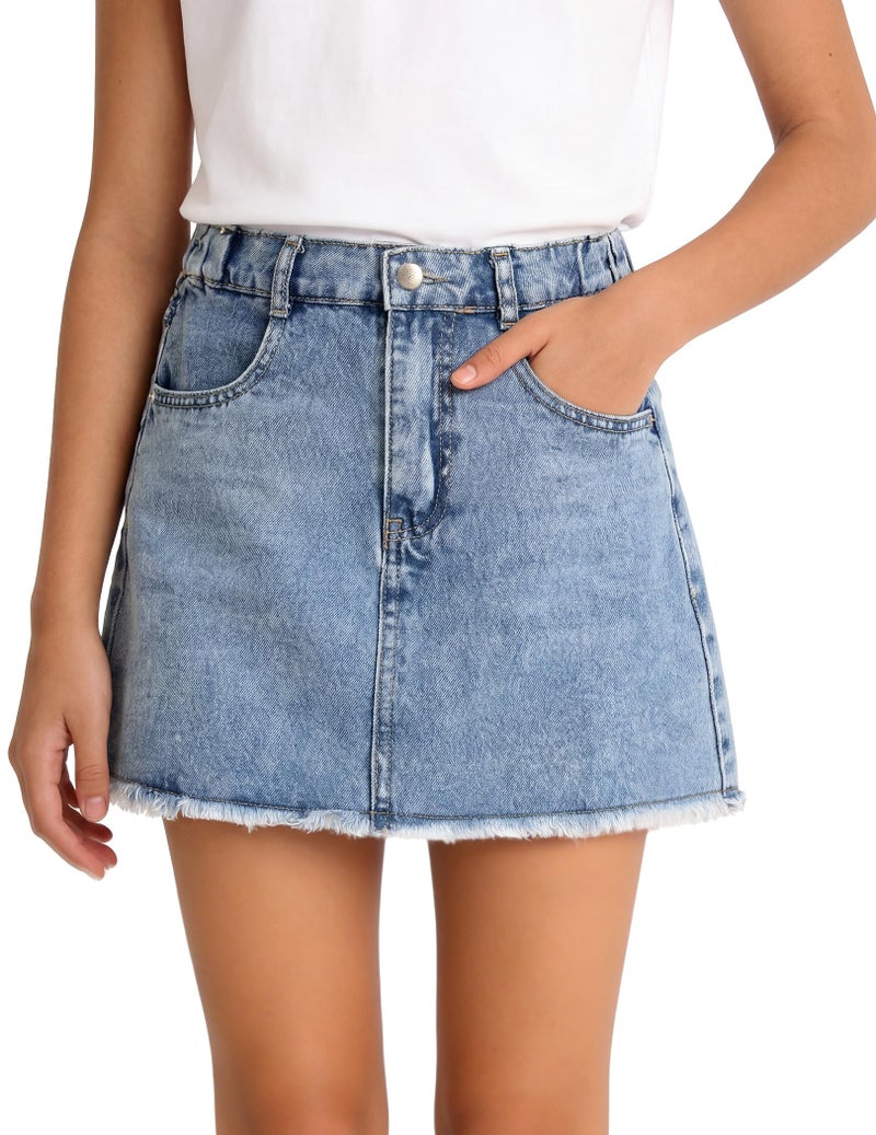 PATPAT Denim Skirt for Girls 5-14 Years, A-Line Mid Waist Mini Jean Skirt with Elastic Waistband & Frayed Hem - Image 1