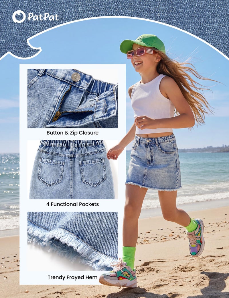 PATPAT Denim Skirt for Girls 5-14 Years, A-Line Mid Waist Mini Jean Skirt with Elastic Waistband & Frayed Hem - Image 4