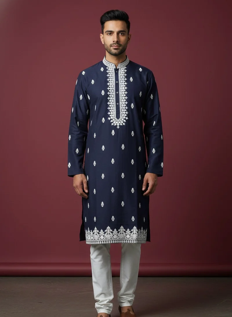 Lehar Navy Blue Embroidered Cotton Kurta Set