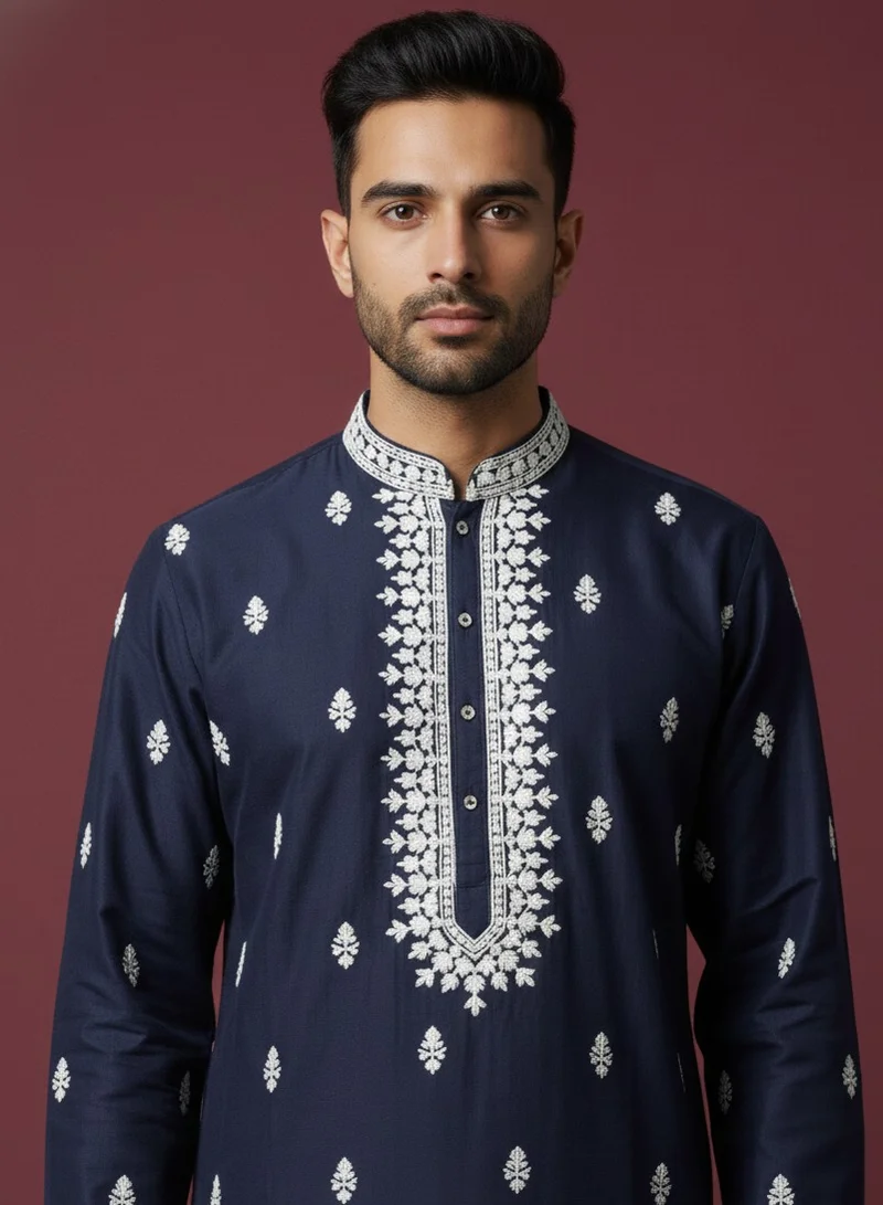 Lehar Navy Blue Embroidered Cotton Kurta Set