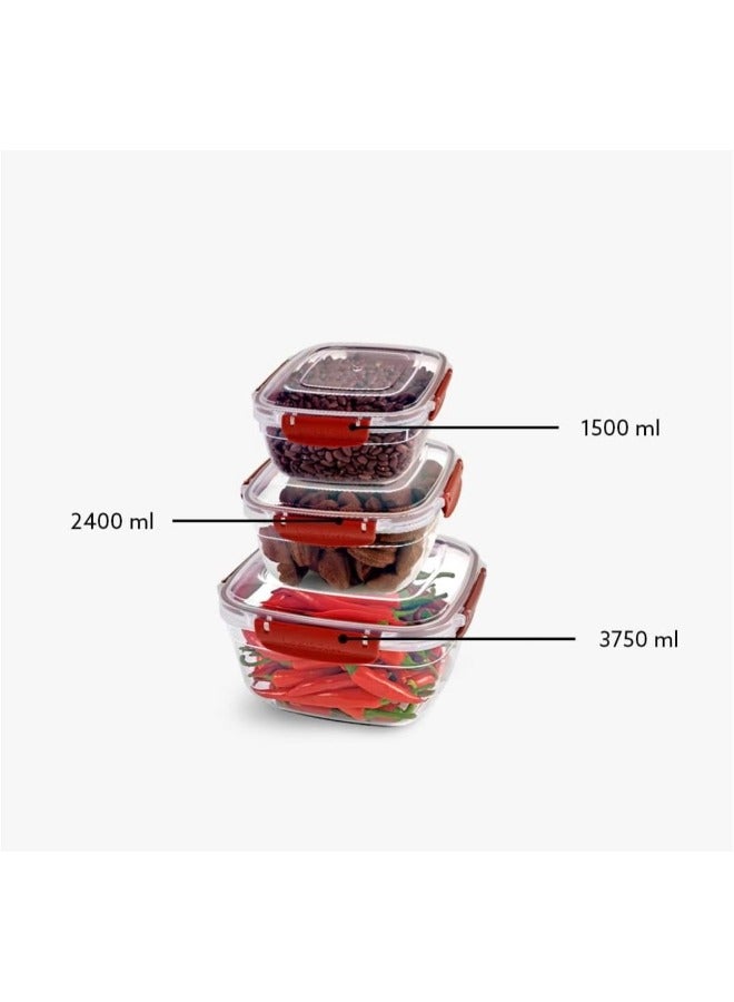 Dunya Plastik Dunia Fresh & Lock red Square 3-Piece Food Storage Refrigerator Container Set - With Airtight Lid - BPA-Free (1500-2400-3750) ML - Image 3