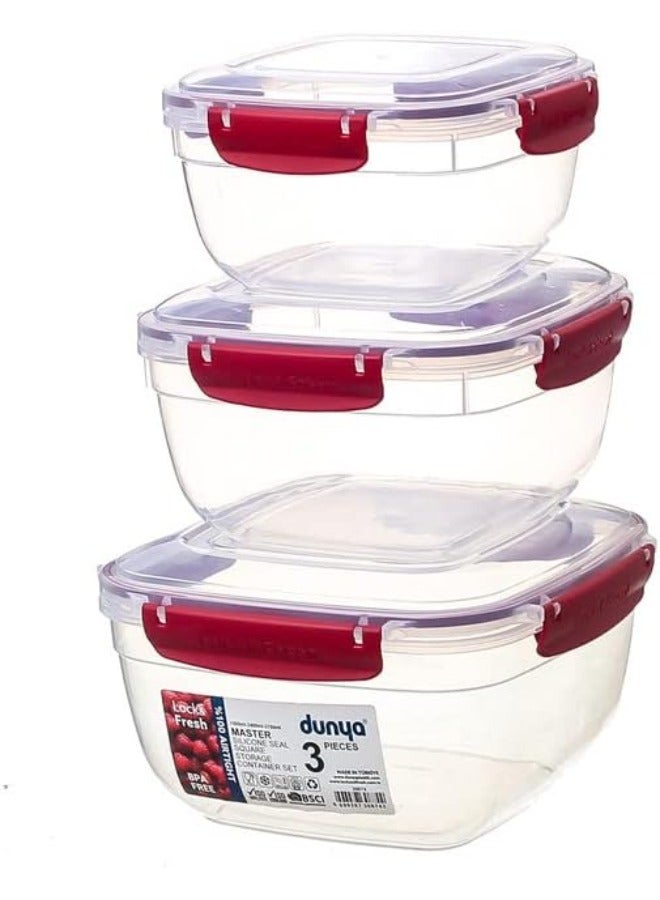 Dunya Plastik Dunia Fresh & Lock red Square 3-Piece Food Storage Refrigerator Container Set - With Airtight Lid - BPA-Free (1500-2400-3750) ML - Image 1