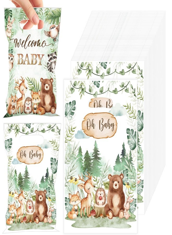 EoBeCy 50 Pcs Animal Baby Gift Bags, Woodland Jungle Forest Plastic Treat Bags with Handles, Nature Theme Goody Bags for Baby Shower/Gender Reveal/Newborn Party Favors Supplies - Image 1