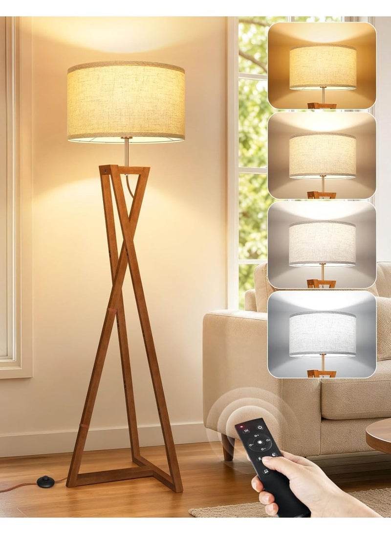OUTON Modern Tripod Wooden LED Floor Lamp with Linen Shade, Remote Control, Dimmable Brightness, 4 Colour Temperatures, 12W LED Bulb Included, Standing Lamp for Living Room, Bedroom, Reading Corner, Walnut - Image 1