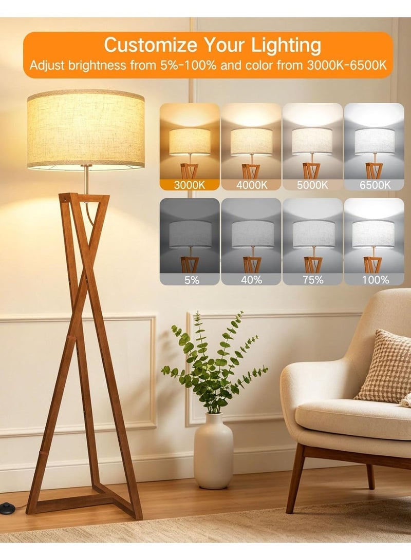 OUTON Modern Tripod Wooden LED Floor Lamp with Linen Shade, Remote Control, Dimmable Brightness, 4 Colour Temperatures, 12W LED Bulb Included, Standing Lamp for Living Room, Bedroom, Reading Corner, Walnut - Image 2