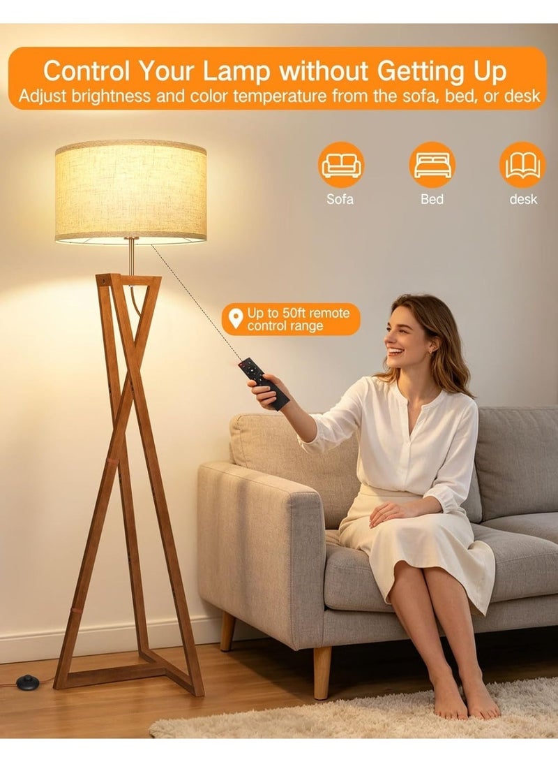 OUTON Modern Tripod Wooden LED Floor Lamp with Linen Shade, Remote Control, Dimmable Brightness, 4 Colour Temperatures, 12W LED Bulb Included, Standing Lamp for Living Room, Bedroom, Reading Corner, Walnut - Image 4