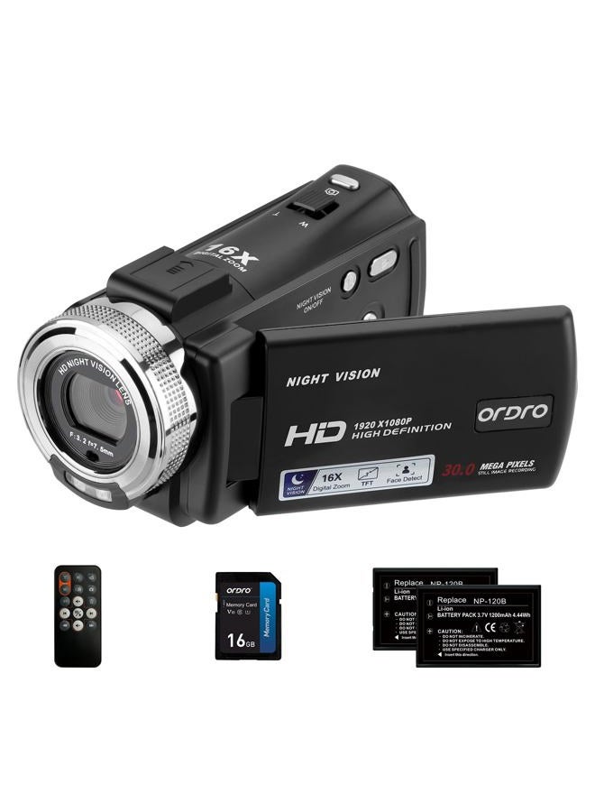 ORDRO Camcorders HDV-V12 HD 1080P Video Camera Recorder Infrared Night Vision Camera Camcorders with 16G SD Card and 2 Batteries - Image 1