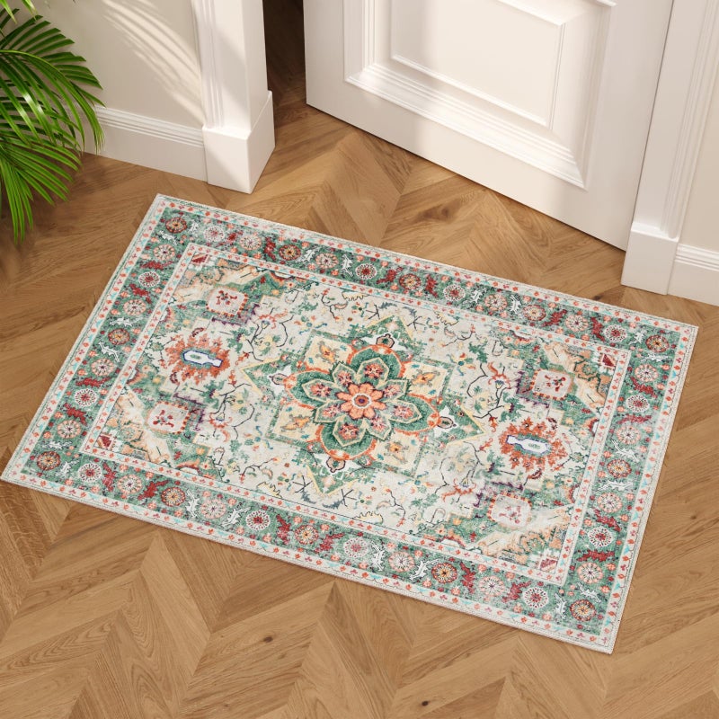 COYACOOL Vintage Rugs for Entryway, 2x3 Washable Low Pile Rug, Small Front Door Non-Slip Area Rug for Kitchen, Throw Rugs with Rubber Backing, Soft Boho Indoor Entrance Bedroom Entry Carpet mat (Cream/Green) - Image 1