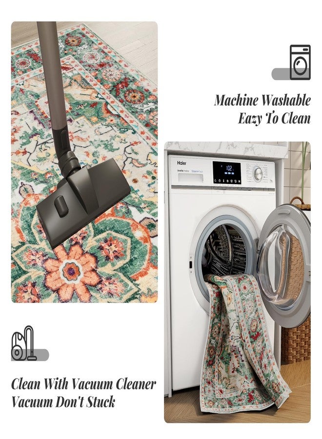 COYACOOL Vintage Rugs for Entryway, 2x3 Washable Low Pile Rug, Small Front Door Non-Slip Area Rug for Kitchen, Throw Rugs with Rubber Backing, Soft Boho Indoor Entrance Bedroom Entry Carpet mat (Cream/Green) - Image 4