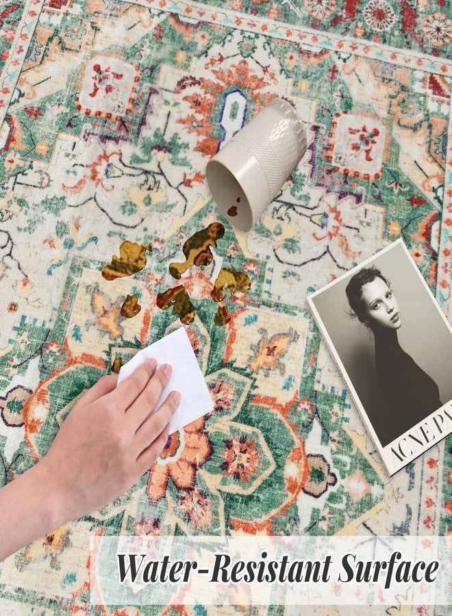 COYACOOL Vintage Rugs for Entryway, 2x3 Washable Low Pile Rug, Small Front Door Non-Slip Area Rug for Kitchen, Throw Rugs with Rubber Backing, Soft Boho Indoor Entrance Bedroom Entry Carpet mat (Cream/Green) - Image 2