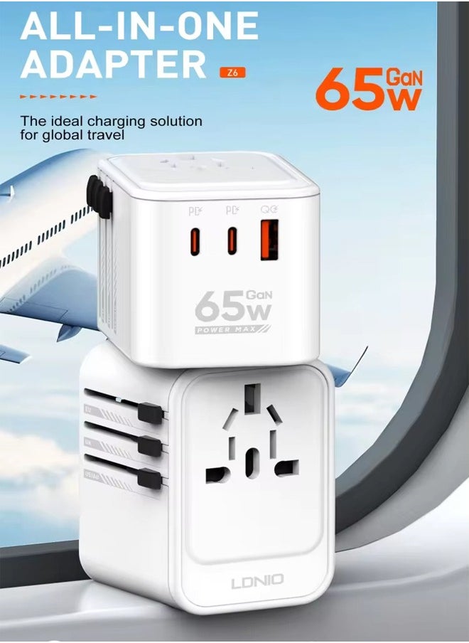 LDNIO 65W Universal Travel Adapter International Plug Adapter With 2 USB -C Fast Charging All In One Worldwide Wall Charger UK US AUS EU 