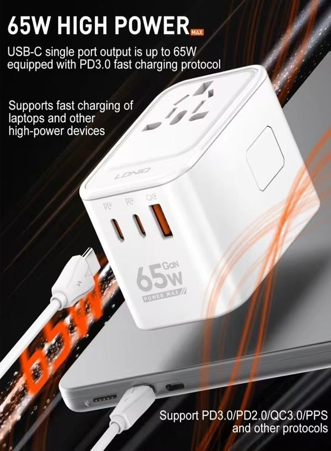 LDNIO محول سفر عالمي 65 وات محول قابس دولي مع USB 2 Type C للشحن السريع شاحن حائط عالمي متعدد الإمكانات في المملكة المتحدة والولايات المتحدة وأستراليا والاتحاد الأوروبي - Image 2