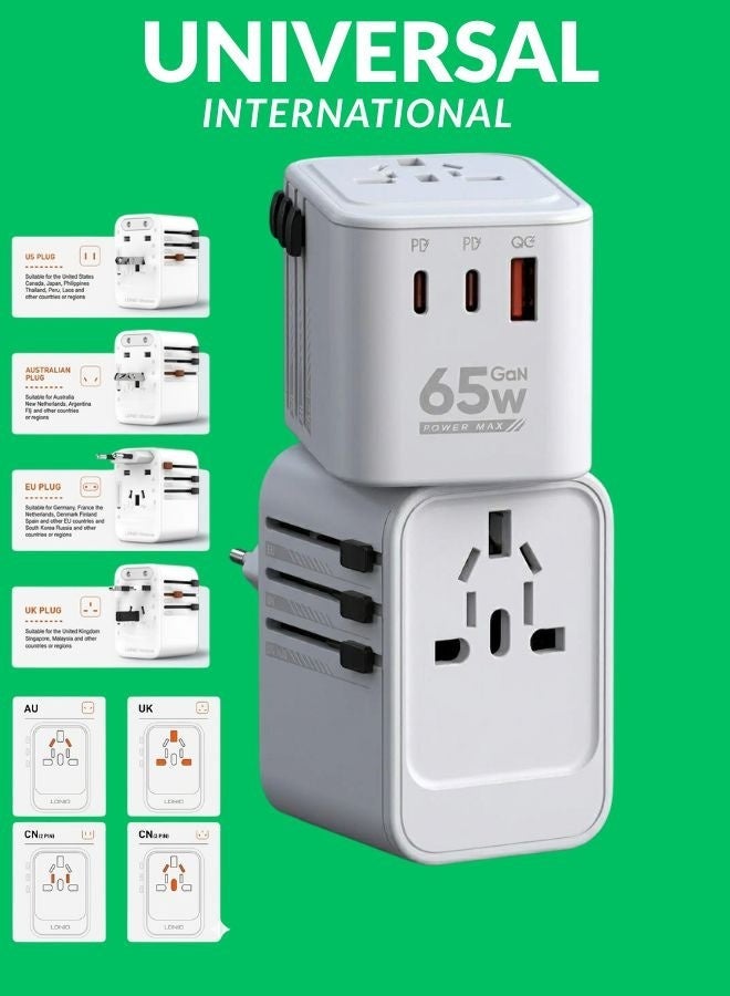 LDNIO 65W Universal Travel Adapter International Plug Adapter – All-in-One Worldwide Wall Charger with UK/US/EU/AUS Plug, 2 USB-C & 1 USB-A Fast Charging, USB-A + Type-C Port, Type-C Charging Plug, USB-C Charger Block, Fast Charger Adapter Compact for iPhone 17/17 Pro/17 Pro Max, iPhone 16/15/14 Pro Max, MacBook Pro/Air, iPad Pro/Air, Samsung Galaxy, Dell XPS, Pixel 7, Google Pixelbook & More - Image 1