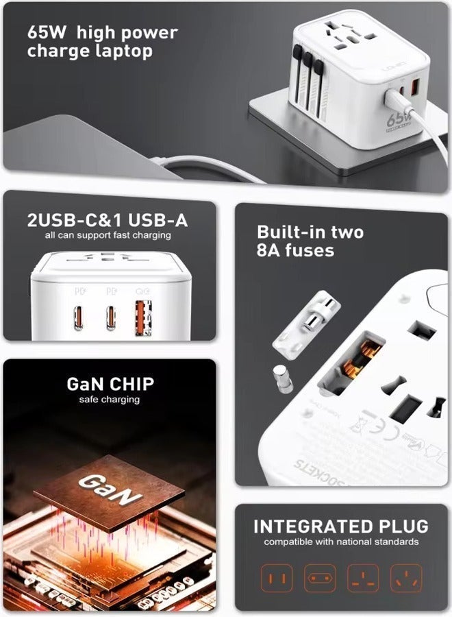 LDNIO 65W Universal Travel Adapter International Plug Adapter – All-in-One Worldwide Wall Charger with UK/US/EU/AUS Plug, 2 USB-C & 1 USB-A Fast Charging, USB-A + Type-C Port, Type-C Charging Plug, USB-C Charger Block, Fast Charger Adapter Compact for iPhone 17/17 Pro/17 Pro Max, iPhone 16/15/14 Pro Max, MacBook Pro/Air, iPad Pro/Air, Samsung Galaxy, Dell XPS, Pixel 7, Google Pixelbook & More - Image 3