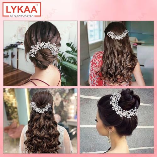 LYKAA Hair Accessories For Women's & Girls For Wedding - Artificial Flowers & Pearl Style Juda Bun Accessories - Floral Bridal Brooch & Hair Pins - Hairstyle Decoration Bride Clips, 1 Pc, Silver - Image 5