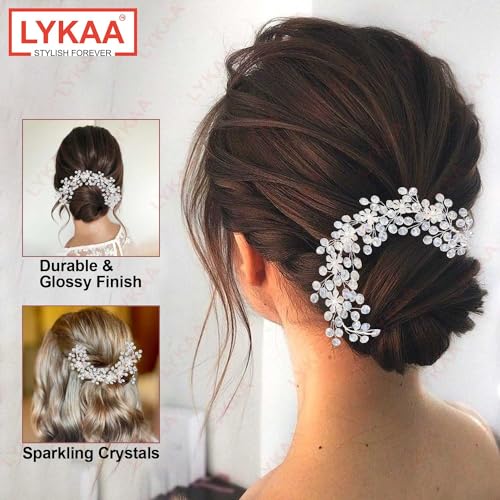 LYKAA Hair Accessories For Women's & Girls For Wedding - Artificial Flowers & Pearl Style Juda Bun Accessories - Floral Bridal Brooch & Hair Pins - Hairstyle Decoration Bride Clips, 1 Pc, Silver - Image 3