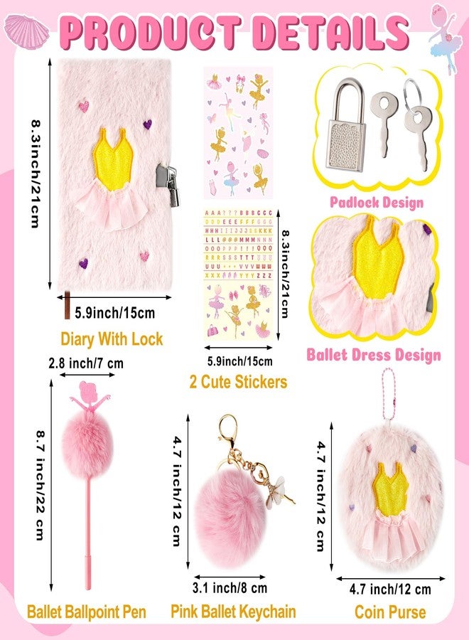CY2SIDE 6PCS Ballerina Gift Set for 6-8 Year Old Girls, Cute Ballet Plush Secret Diary Journa with Coin Purse Pen Sticker and Key Chain, Idea Gifts for Birthday - Image 2