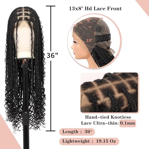 Lexqui 36" 13x8'' Hd Lace Front Boho Braided Wigs for Women Knotless Braided Wigs Box Braid Wig with Curly End Braided Lace Front Wig Premium Synthetic Natural Black - Image 3