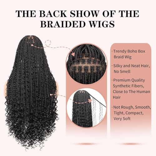 Lexqui 36" 13x8'' Hd Lace Front Boho Braided Wigs for Women Knotless Braided Wigs Box Braid Wig with Curly End Braided Lace Front Wig Premium Synthetic Natural Black - Image 4