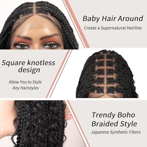 Lexqui 36" 13x8'' Hd Lace Front Boho Braided Wigs for Women Knotless Braided Wigs Box Braid Wig with Curly End Braided Lace Front Wig Premium Synthetic Natural Black - Image 2