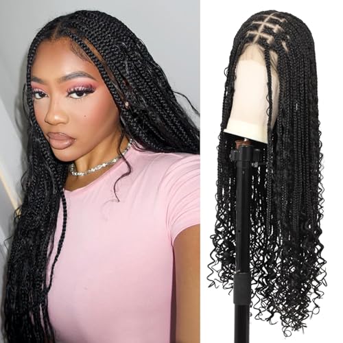 Lexqui 36" 13x8'' Hd Lace Front Boho Braided Wigs for Women Knotless Braided Wigs Box Braid Wig with Curly End Braided Lace Front Wig Premium Synthetic Natural Black - Image 1