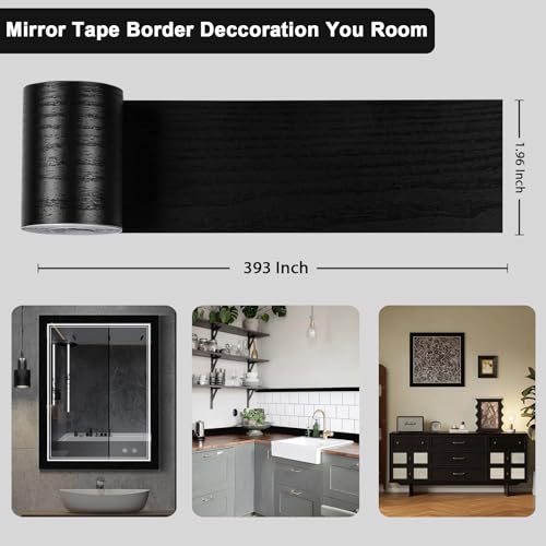 Alened 10M Black Wood Grain Mirror Frame Border Peel and Stick Wallpaper, Removable PVC Waterproof Bathroom Mirror Tape Sticker Trim, Kitchen Wallpaper Self Adhesive Decor Sticker 2" x 393" - Image 4