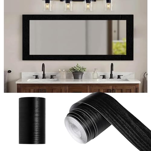 Alened 10M Black Wood Grain Mirror Frame Border Peel and Stick Wallpaper, Removable PVC Waterproof Bathroom Mirror Tape Sticker Trim, Kitchen Wallpaper Self Adhesive Decor Sticker 2" x 393" - Image 1