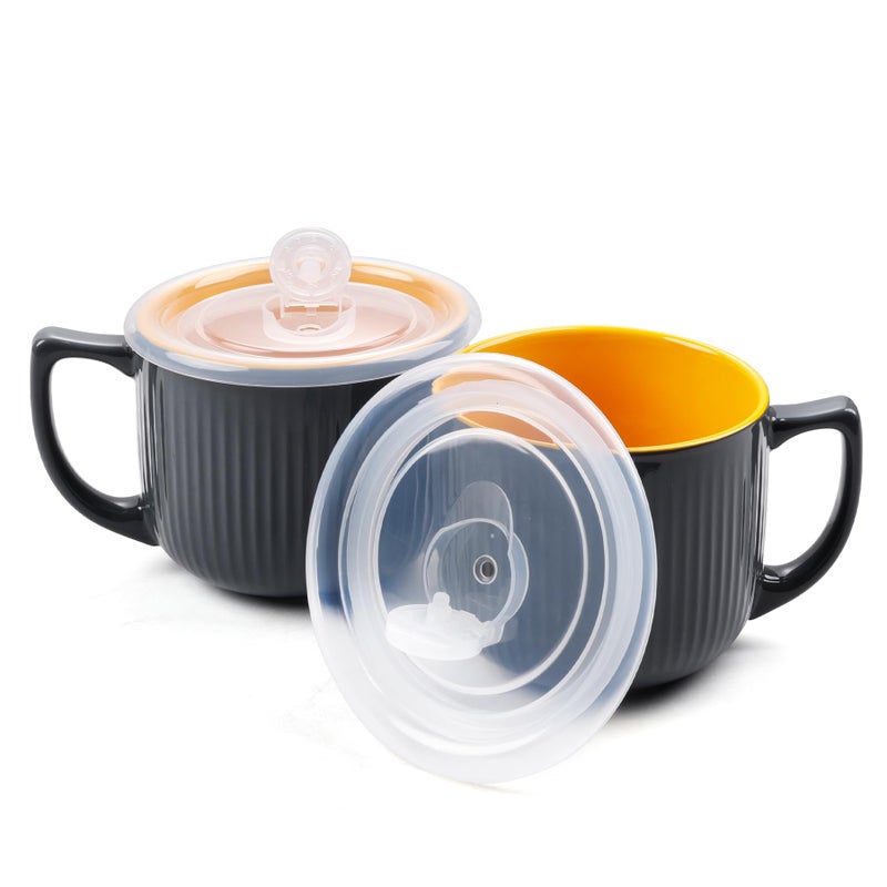 ZEBERBO Ceramic Soup Bowls with Vented Lid, 32 Ounce Soup Mug with Handle, 2packs 5 inch Jumbo Soup Cups, Wide Large Cereal Bowl for Oatmeal, Gumbo Salad, Microwave Oven Safe (GlossBlue) - Image 1