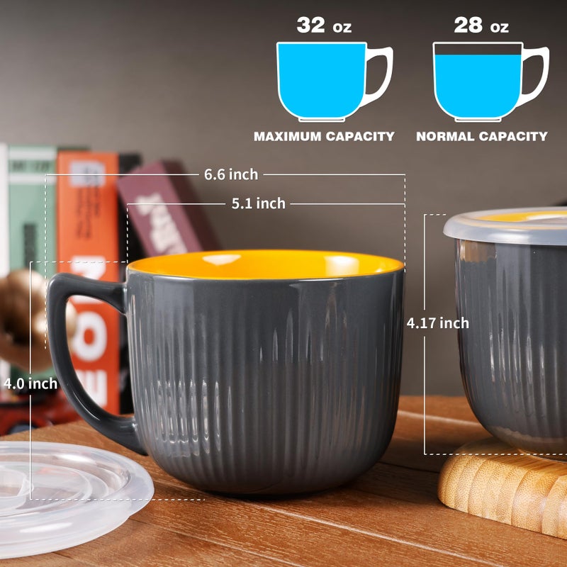 ZEBERBO Ceramic Soup Bowls with Vented Lid, 32 Ounce Soup Mug with Handle, 2packs 5 inch Jumbo Soup Cups, Wide Large Cereal Bowl for Oatmeal, Gumbo Salad, Microwave Oven Safe (GlossBlue) - Image 2