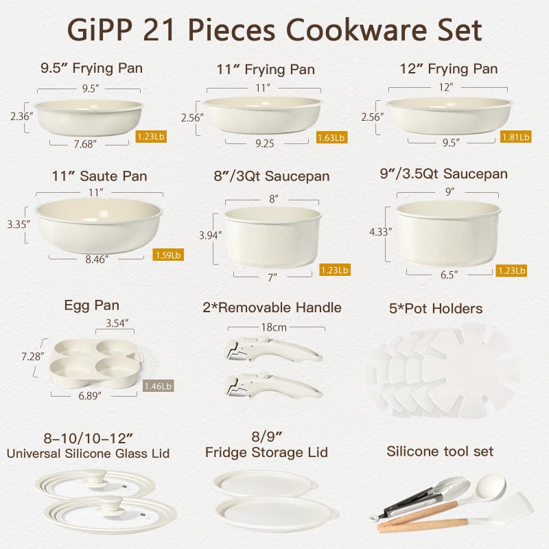 GiPP Ceramic Pots and Pans Set Non Stick, Nonstick Detachable Handle Cookware Sets, Healthy Non Toxic PFAS PFOA & PTFE Free, Dishwasher ï¼†Oven Safe, Induction Kitchen Pot and Pan, 21 Piece Cream - Image 2