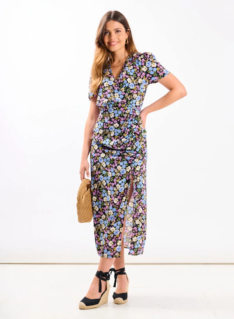 Multicoloured Floral Wrap Midi Dress