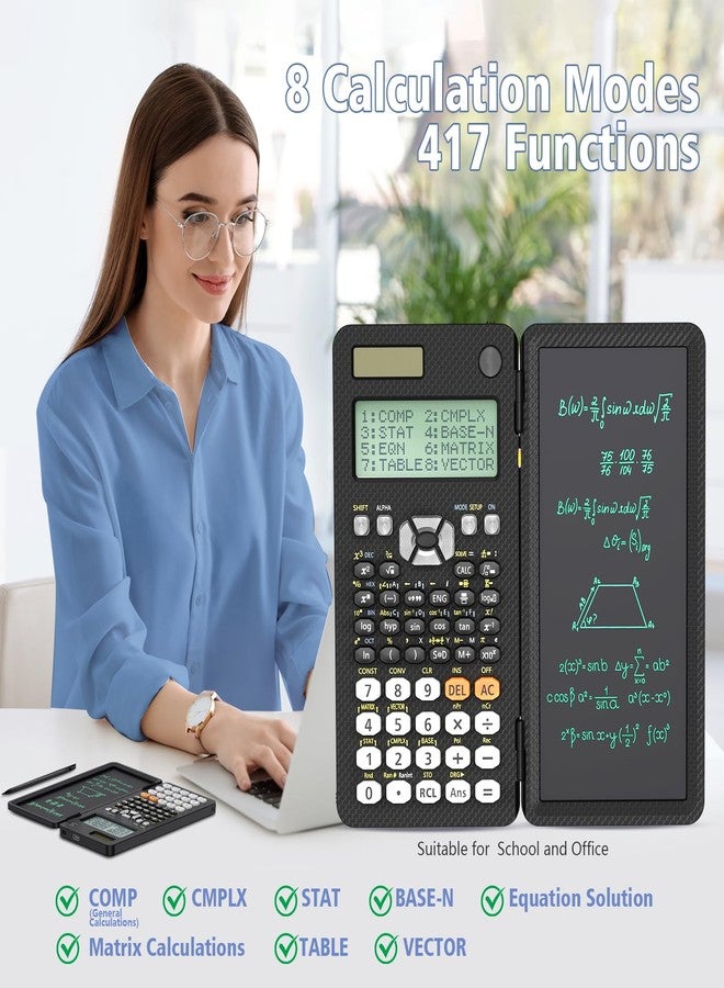 ROATEE Rechargeable ROATEE Black Scientific Calculator with Writing Tablet,Foldable Kawaii Calculator with Notepad,School Supplies for Students Teachers - Image 4