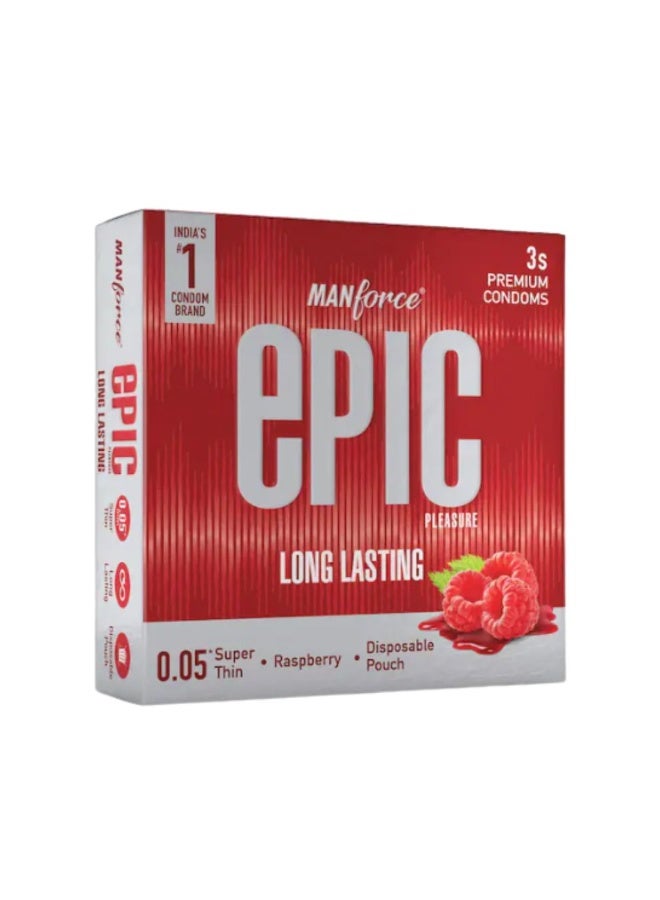 Manforce Epic Pleasure| Long Lasting, Pleasure for Both | Raspberry Flavour, 3 Pcs | With Disposable Pouch| Vegan | No Hard Chemicals| Super Thin| Lubricated Latex Condoms