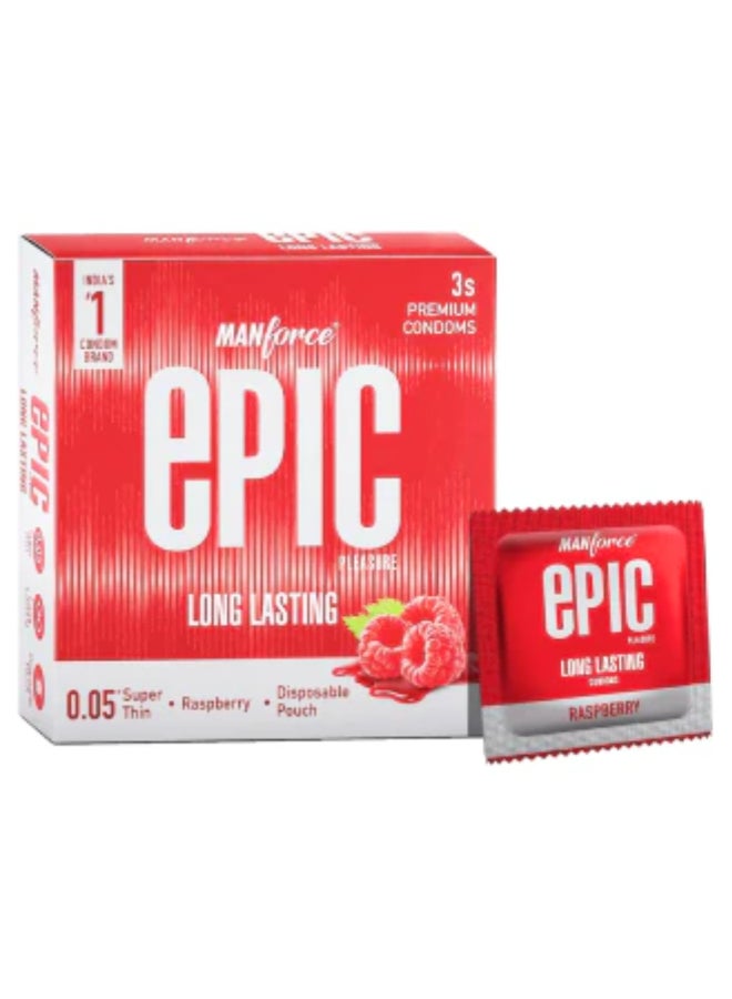 Manforce Epic Pleasure| Long Lasting, Pleasure for Both | Raspberry Flavour, 3 Pcs | With Disposable Pouch| Vegan | No Hard Chemicals| Super Thin| Lubricated Latex Condoms