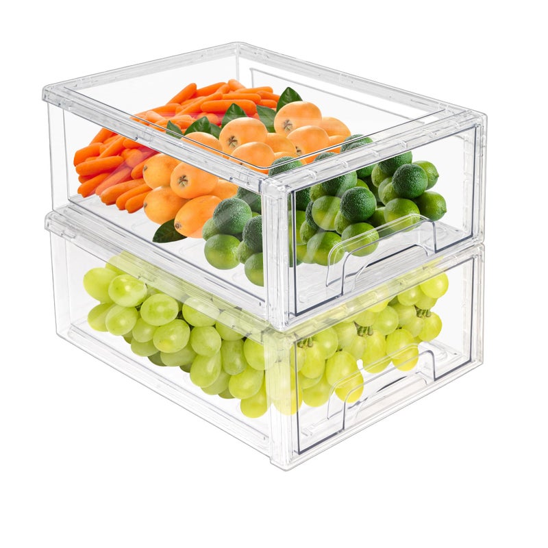 MANO MANO 2Pack Clear Fridge Drawers Pull Out Stackable Refrigerator Drawer Organizer Bins Pantry Storage Box Plastic Food Containers for Kitchen Bathroom Office Closet 2pack Large