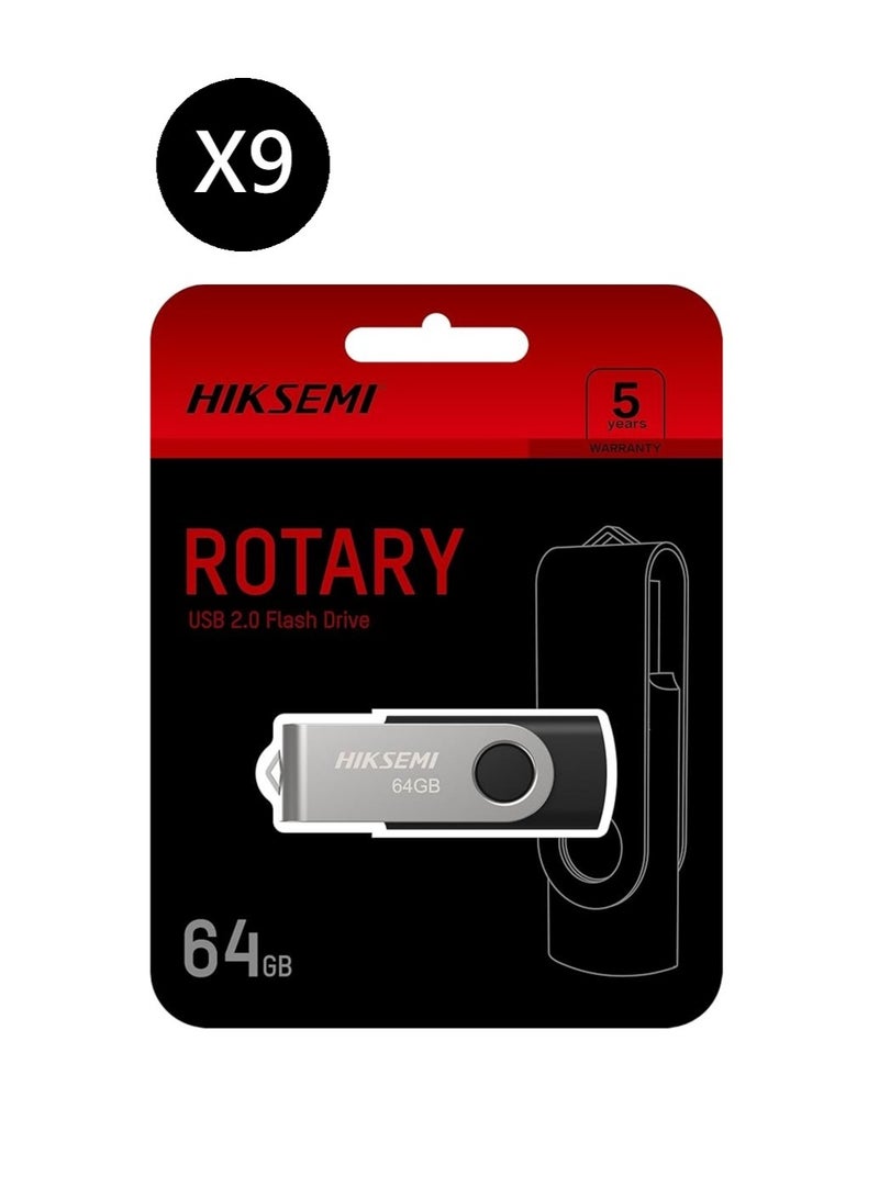 HIKSEMI Bundle Of 9 64GB USB 2.0 Spinning Pen Drive, Silver/Black | HS-USB-M200S 64G |