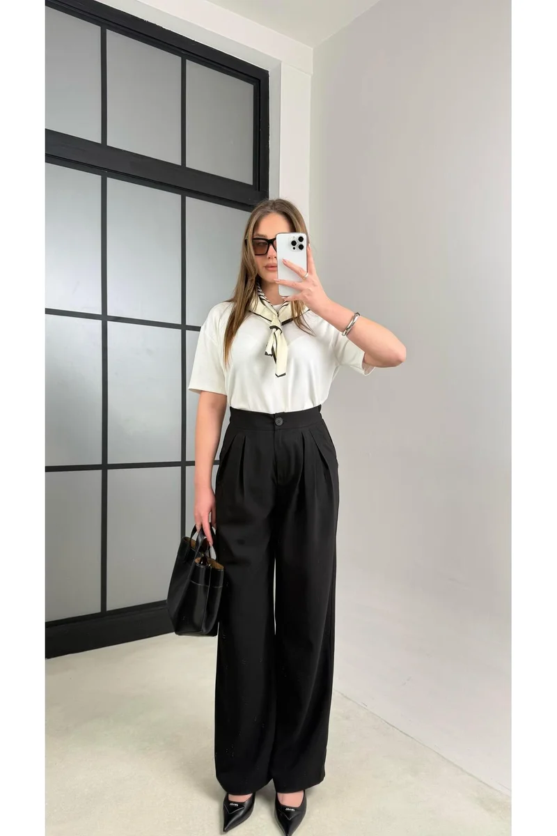 GAUS Black Elastic Waist Pleated Detailed Tencel Pants GAUS-00995.