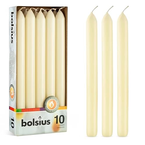 BOLSIUS Ivory Dinner Candles - 10 Pack Unscented 9 Inch Straight Taper Candle Set - 8 Hour Burn Time - Premium European Quality - Smokeless And Dripless Household, Spa, Wedding, And Party Candlestick - Image 1
