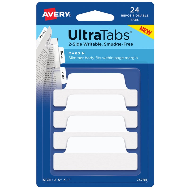 Avery Margin Ultra Tabs, 2.5" x 1", 2-Side Writable, White, 24 Repositionable Page Tabs (74789) - Image 1