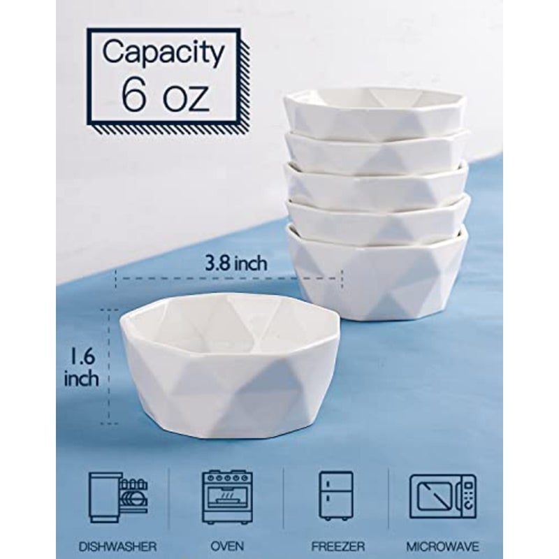 6 Oz Porcelain Ramekins/Dessert Bowls - Geometric Ramekins Souffle Dishes - Snack/Ramekins/Creme Brulee Dish Set for Baking, Dessert, Ice Cream - Ramekins Oven Safe Set of 6 - Image 3