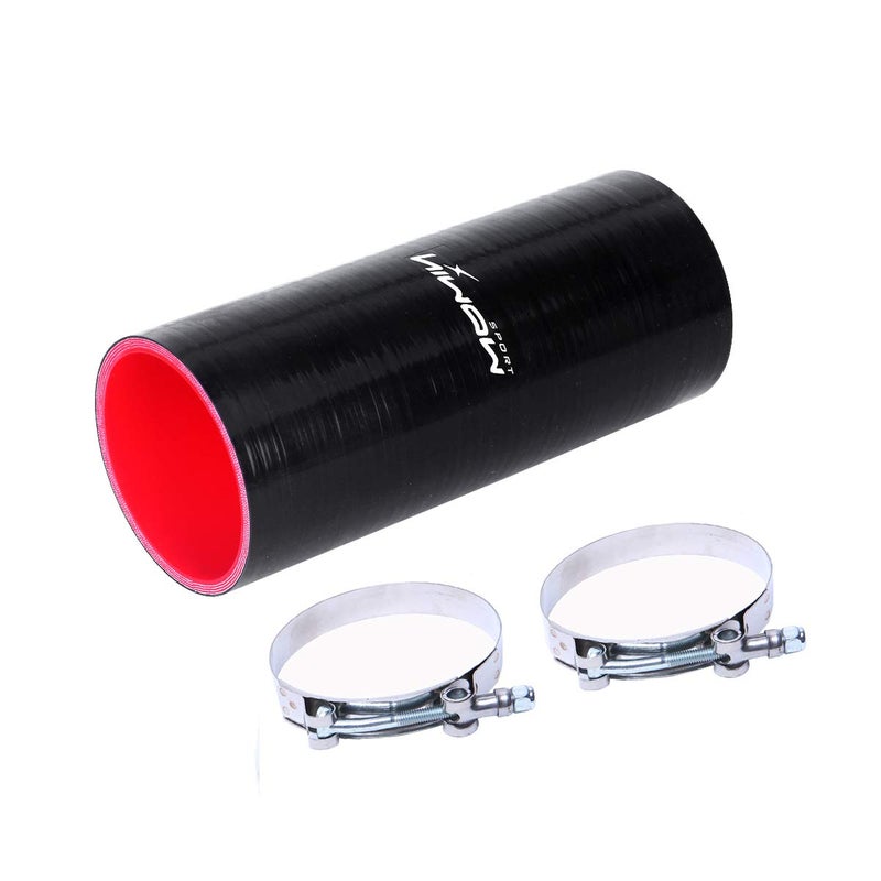 HiwowSport 8''(203MM) Length Silicone 4-Ply 8inch Length Long Straight Coupler Silicone Hose Black and Red Color with T-clamp (3.0"(76mm)) - Image 1
