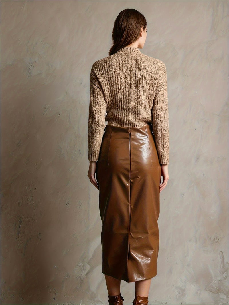 PU Leather Skirt Women High Waist Bodycon Long Skirt Button Split Midi Skirt - Image 3