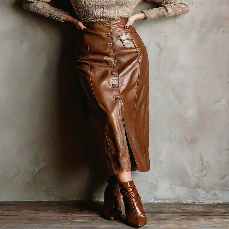 PU Leather Skirt Women High Waist Bodycon Long Skirt Button Split Midi Skirt - Image 5