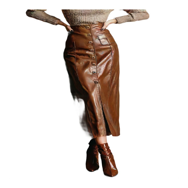 PU Leather Skirt Women High Waist Bodycon Long Skirt Button Split Midi Skirt - Image 1