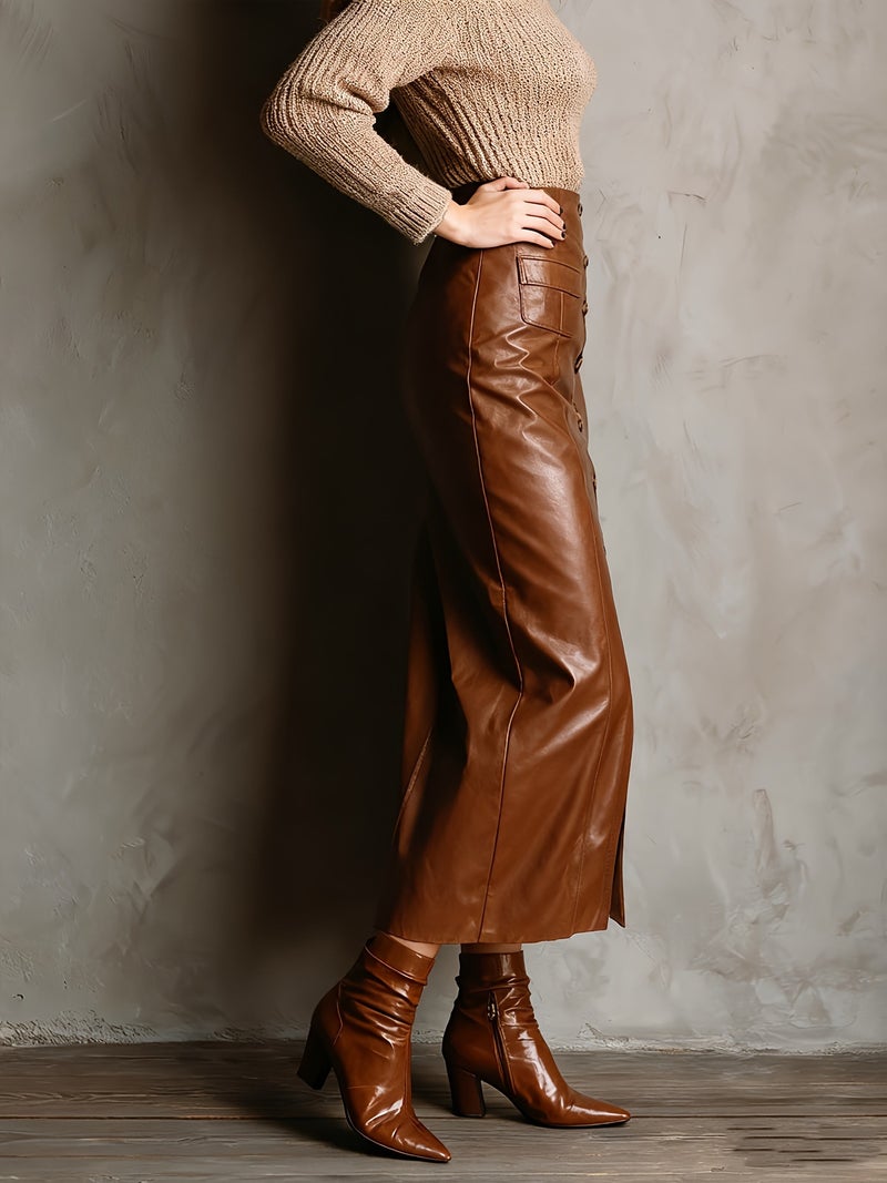 PU Leather Skirt Women High Waist Bodycon Long Skirt Button Split Midi Skirt - Image 2