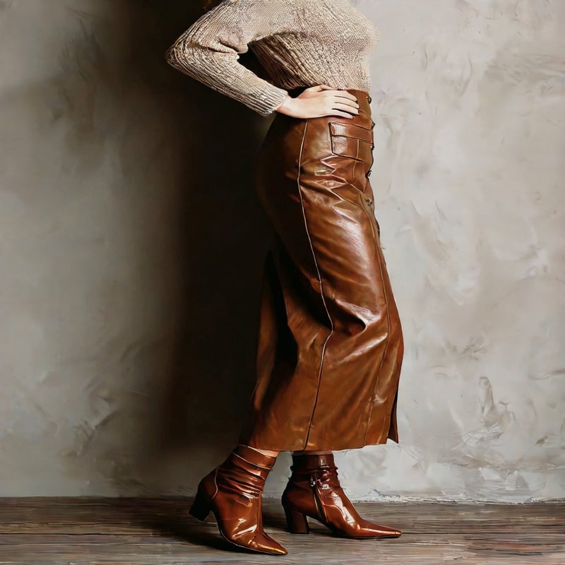 PU Leather Skirt Women High Waist Bodycon Long Skirt Button Split Midi Skirt - Image 4