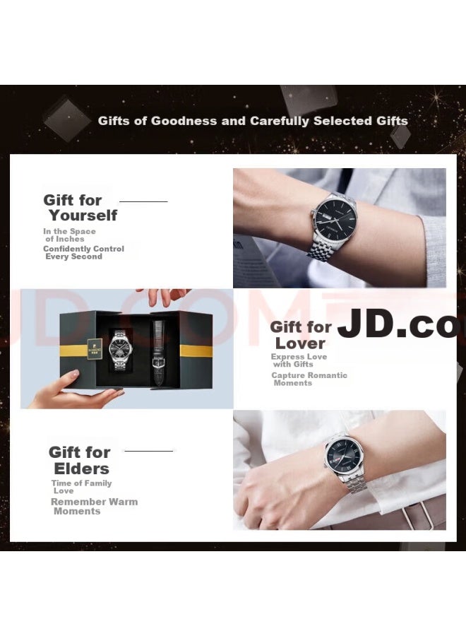 Rossini Men'S Quartz Watch With Black Dial And Steel Strap, Birthday Gift For Boyfriend, Versatile Night Light Calendar National Watch 50097 - Image 5