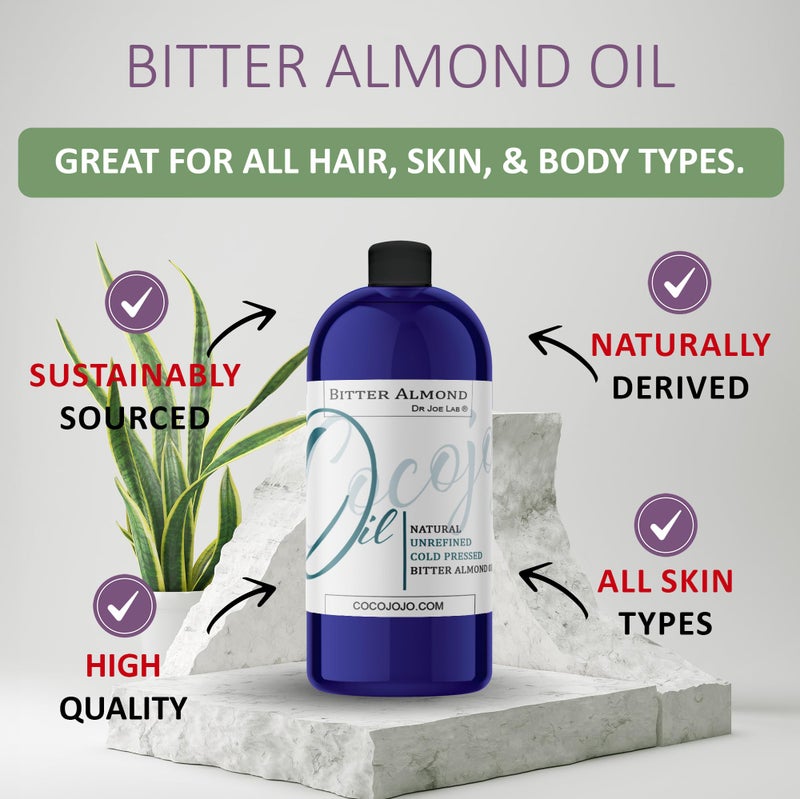Dr Joe Lab Bitter Almond Oil - 32 oz - Pure Unrefined Cold Pressed Extra Virgin Non GMO All Natural, Vegan Bulk Carrier Oil Perfect for Body Hair Face Skin Nails Facial Hair DIY Cosmetics - Image 2
