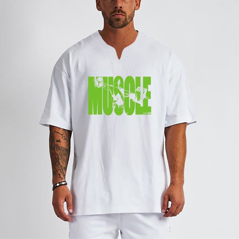 Summer muscle fitness cotton short sleeve T-shirt men''s loose bodybuilding sports breathable plus size top half sleeve V-neck foreign trade - Image 4