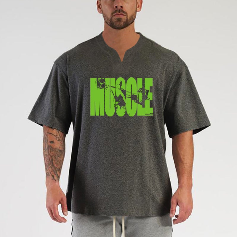 Summer muscle fitness cotton short sleeve T-shirt men''s loose bodybuilding sports breathable plus size top half sleeve V-neck foreign trade - Image 5